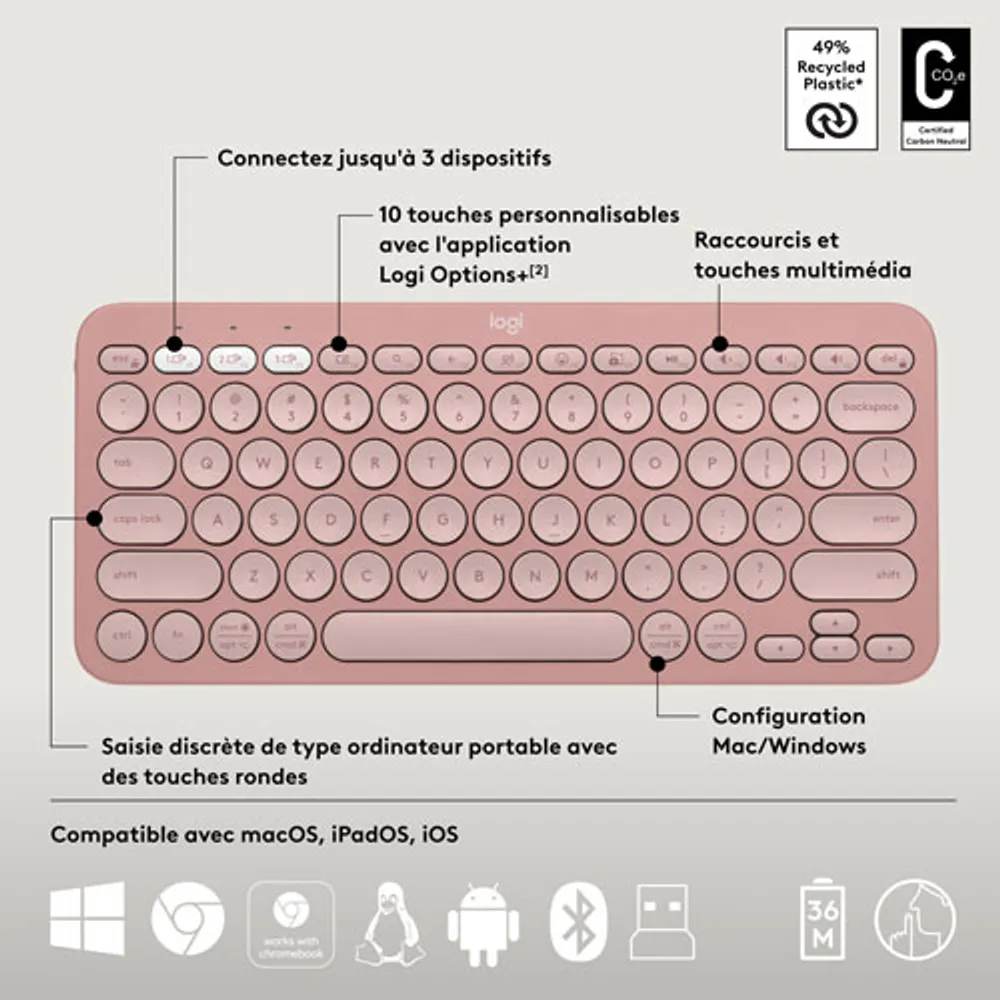 Ensemble avec souris optique et clavier ergonomique Bluetooth Pebble 2 de Logitech - Rose - Anglais