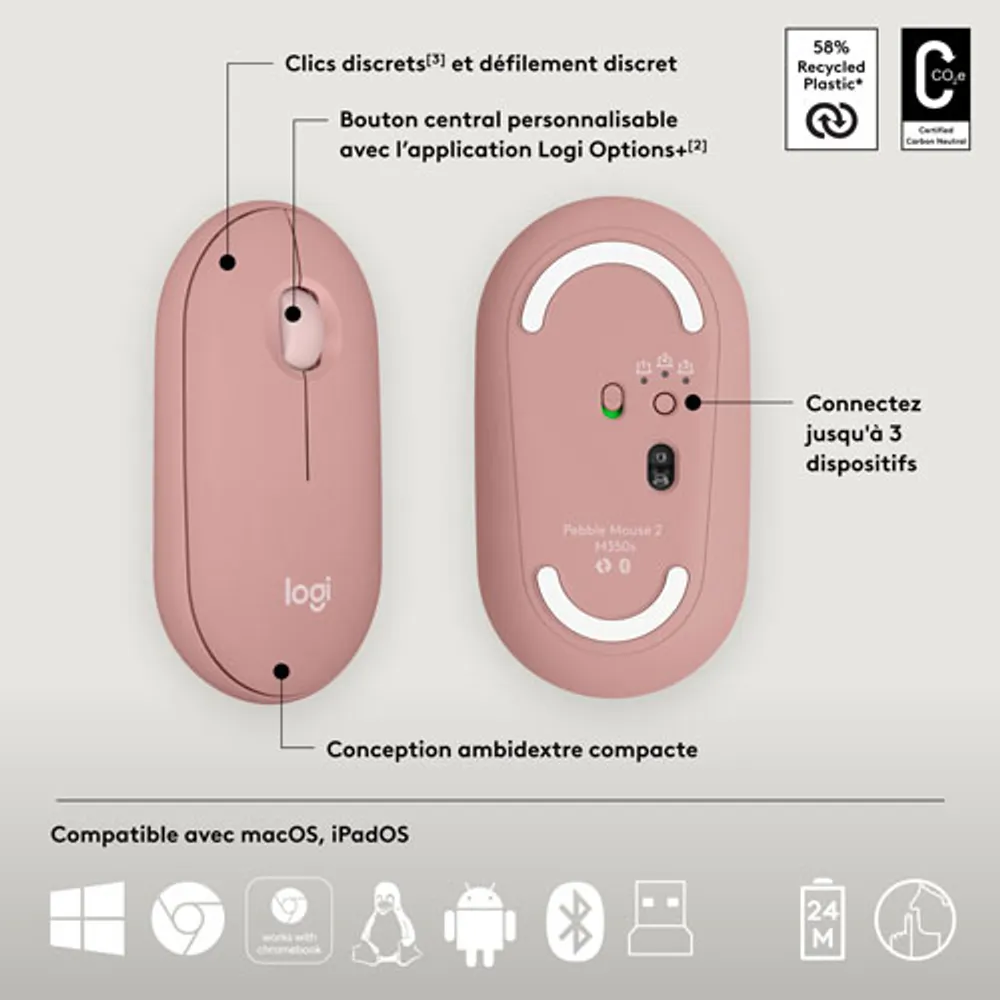 Ensemble avec souris optique et clavier ergonomique Bluetooth Pebble 2 de Logitech - Rose - Anglais