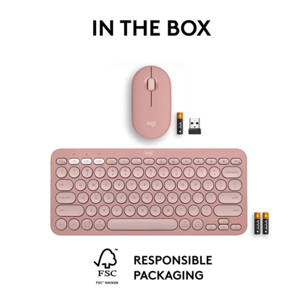 Ensemble avec souris optique et clavier ergonomique Bluetooth Pebble 2 de Logitech - Rose - Anglais