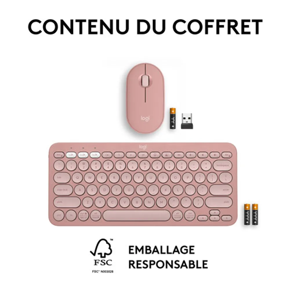 Ensemble avec souris optique et clavier ergonomique Bluetooth Pebble 2 de Logitech - Rose - Anglais