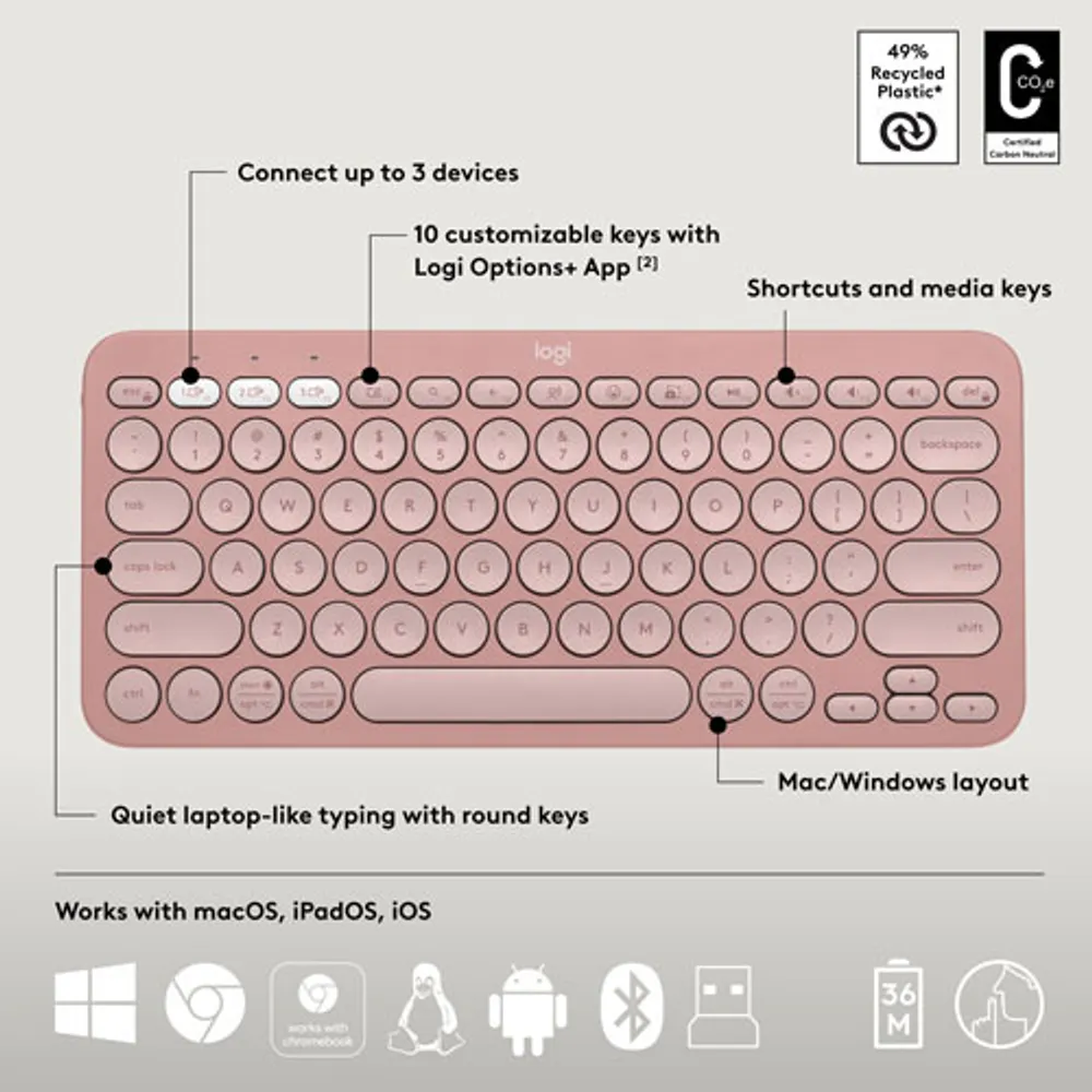 Ensemble avec souris optique et clavier ergonomique Bluetooth Pebble 2 de Logitech - Rose - Anglais