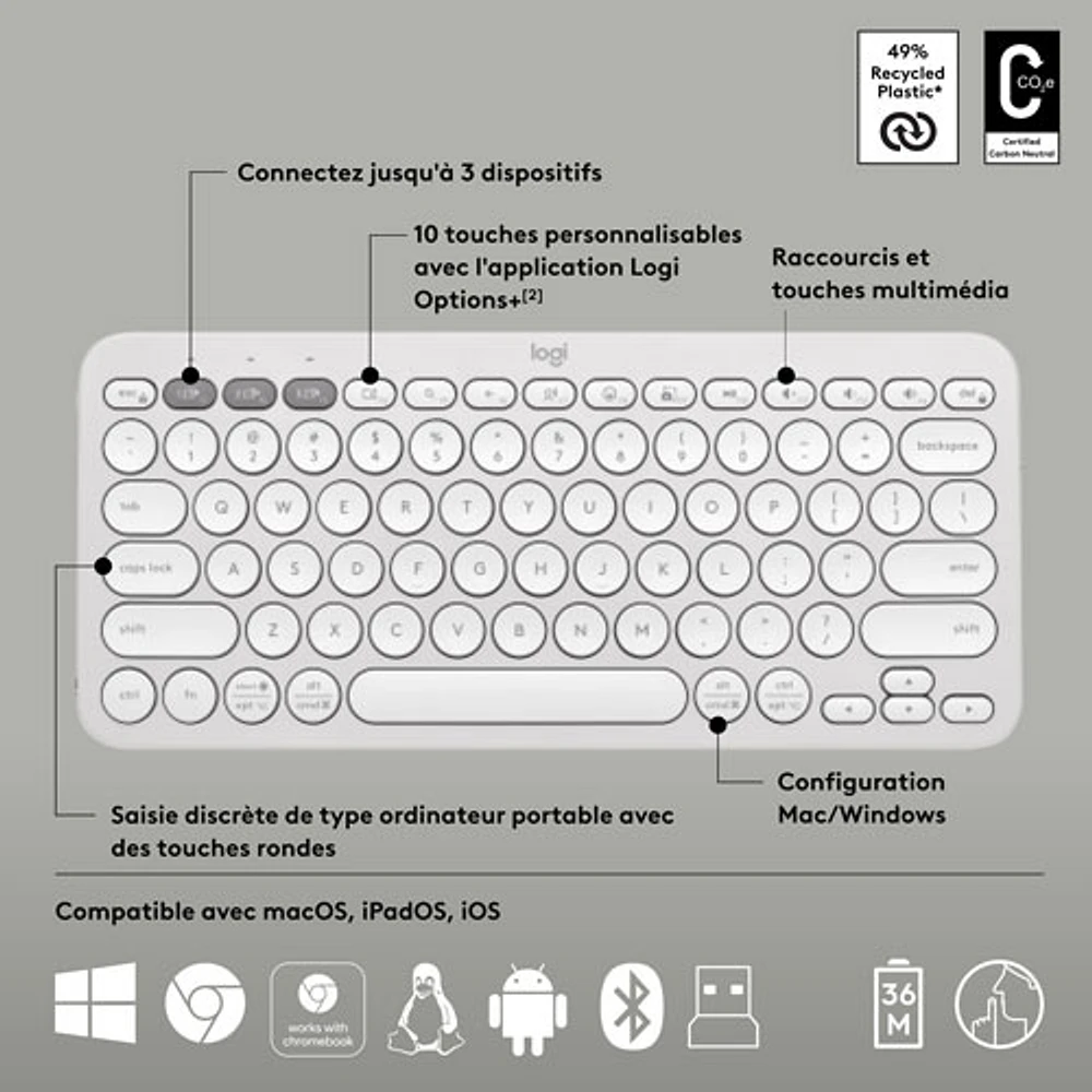 Ensemble avec souris optique et clavier ergonomique Bluetooth Pebble 2 de Logitech - Blanc - Anglais