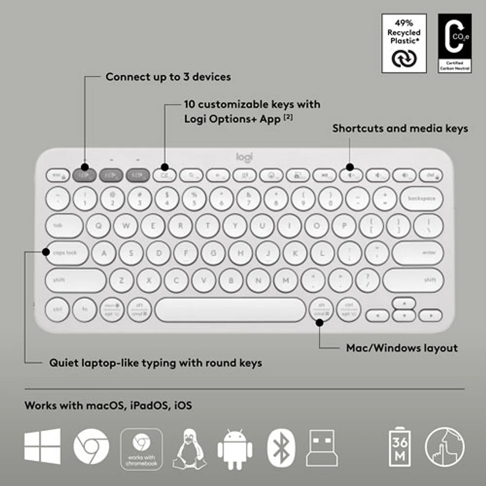 Ensemble avec souris optique et clavier ergonomique Bluetooth Pebble 2 de Logitech - Blanc - Anglais