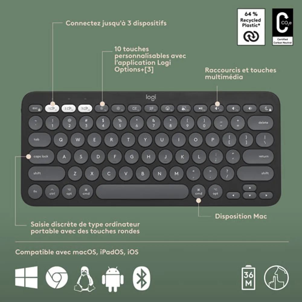 Ensemble avec souris optique et clavier ergonomique Bluetooth Pebble 2 de Logitech pour Mac - Noir - Anglais