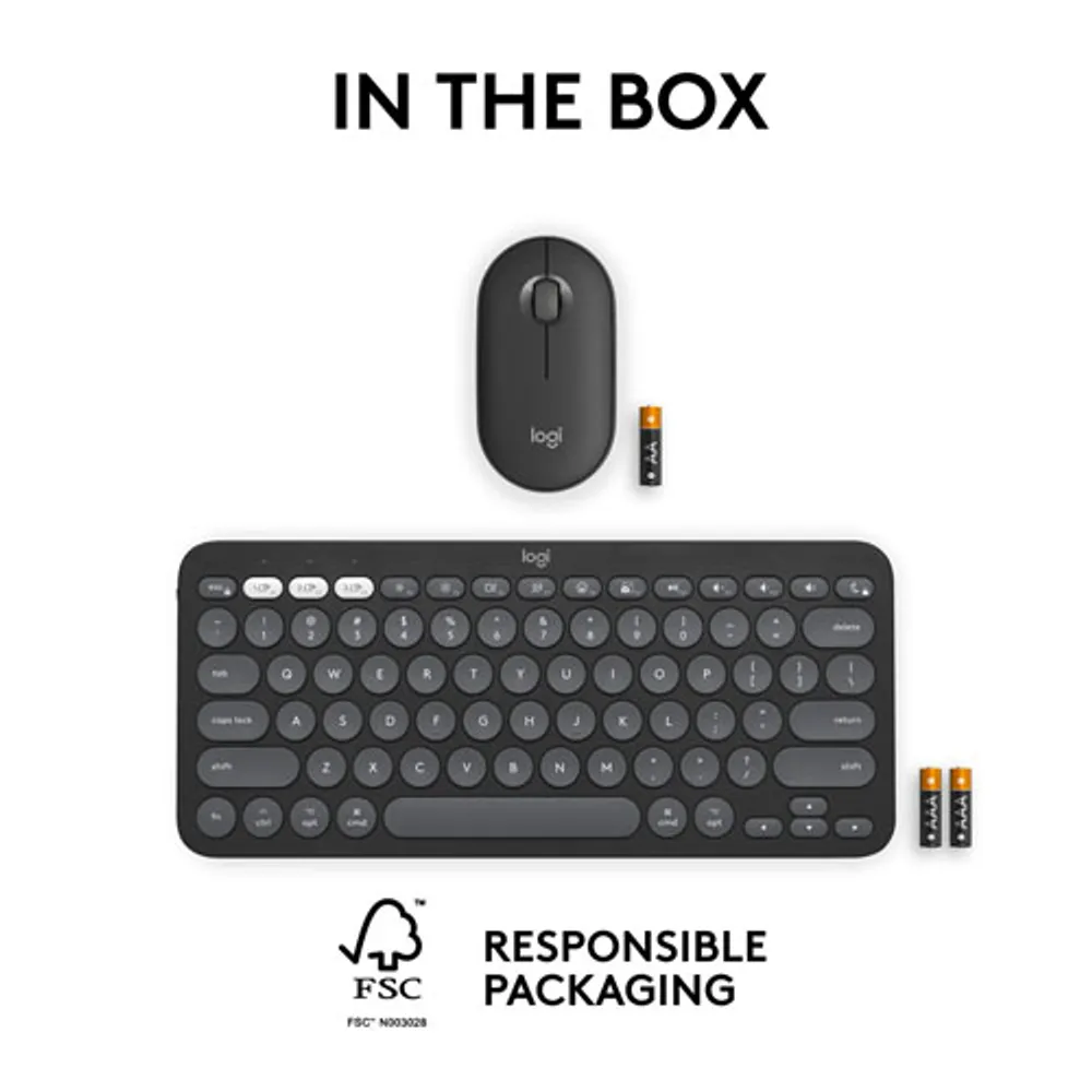 Ensemble avec souris optique et clavier ergonomique Bluetooth Pebble 2 de Logitech pour Mac - Noir - Anglais