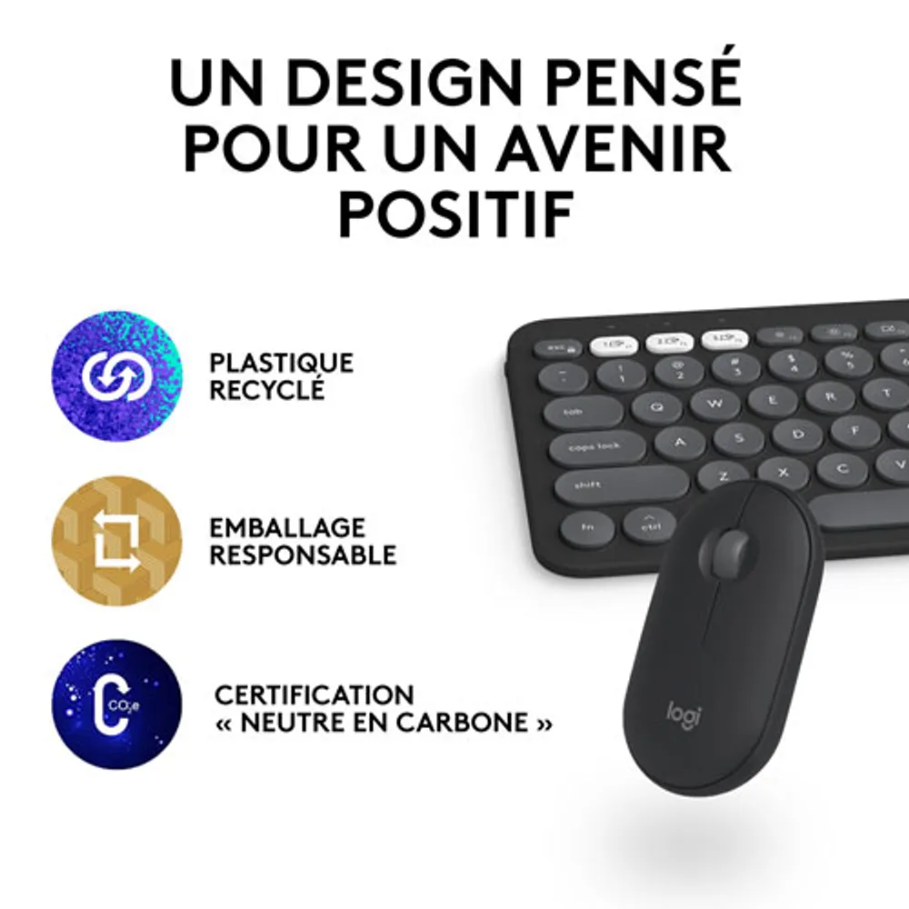 Ensemble avec souris optique et clavier ergonomique Bluetooth Pebble 2 de Logitech pour Mac - Noir - Anglais