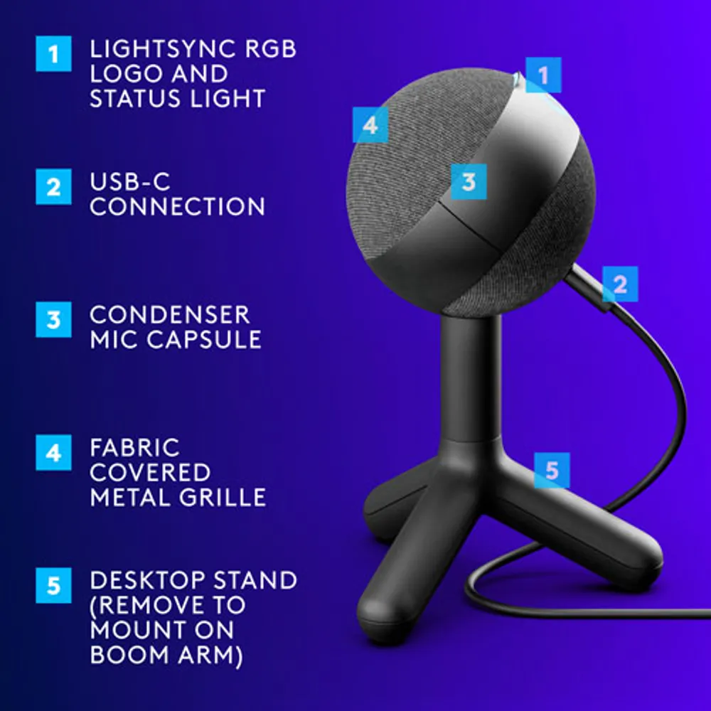 Microphone de jeu USB Yeti Orb à condensateur avec éclairage RVB LIGHTSYNC de Logitech - Noir