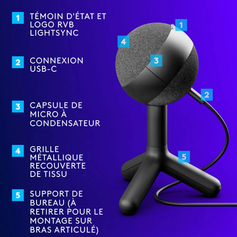 Microphone de jeu USB Yeti Orb à condensateur avec éclairage RVB LIGHTSYNC de Logitech - Noir