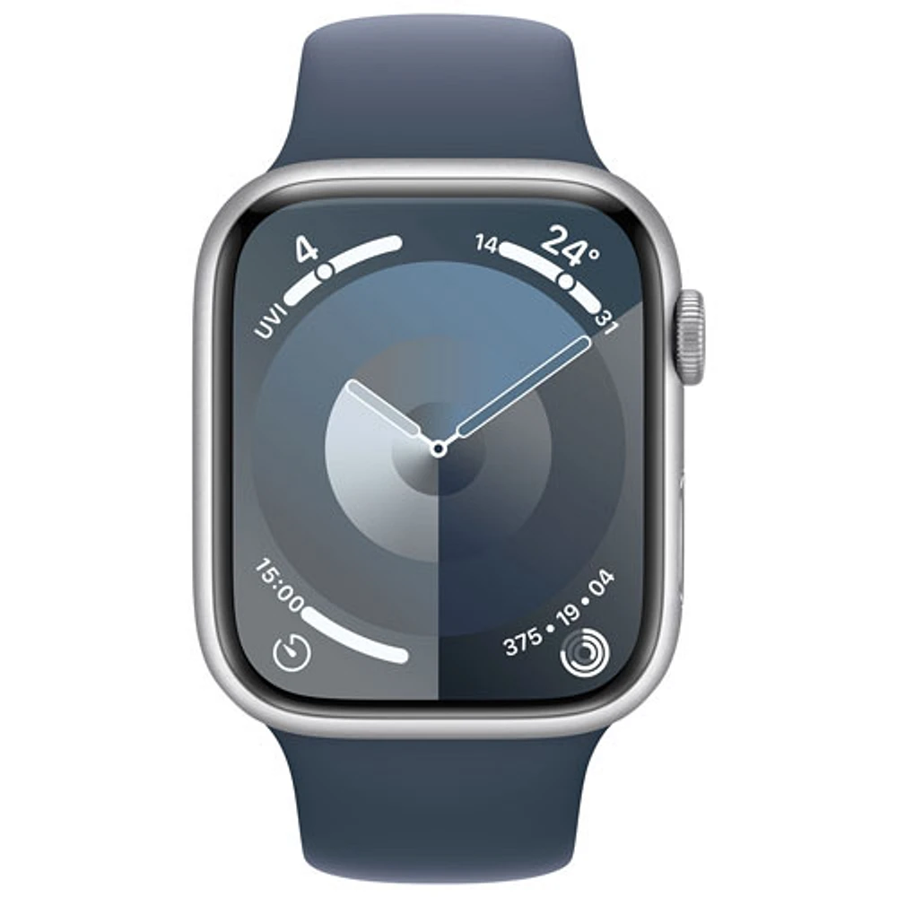 Apple Watch Series 9 (GPS) 45mm Silver Aluminium Case with Storm Blue Sport Band - Medium / Large 160-210mm