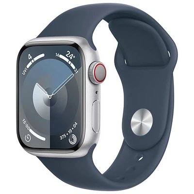 Apple Watch Series 9 (GPS + Cellular) avec boîtier de 41 mm en aluminium argenté et bracelet sport bleu tempête - Moyen/Grand 150-200 mm