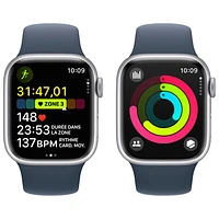 Apple Watch Series 9 (GPS + Cellular) 41mm Silver Aluminum Case with Storm Blue Sport Band - Medium / Large 150-200mm