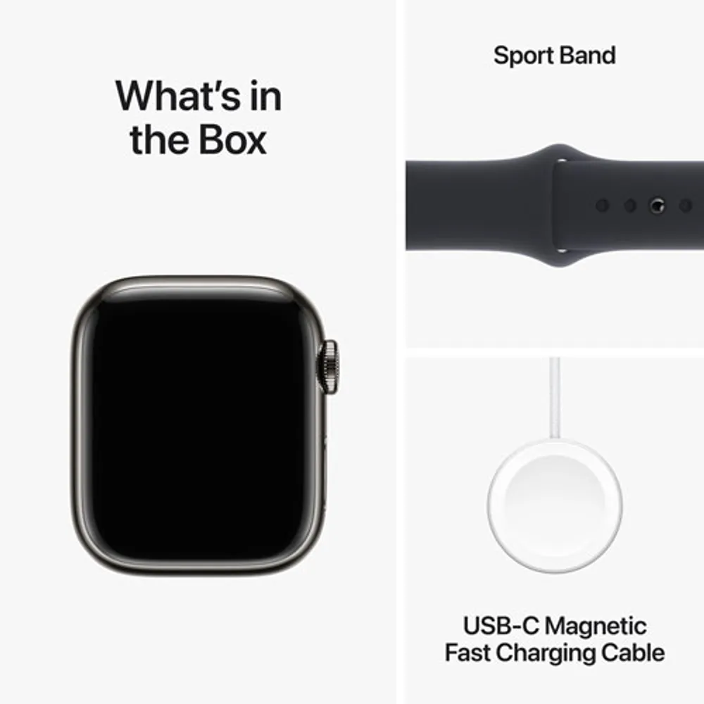 Apple Watch Series 9 (GPS + Cellular) 41mm Graphite Stainless Steel Case with Midnight Sport Band - Small / Medium 130-180mm