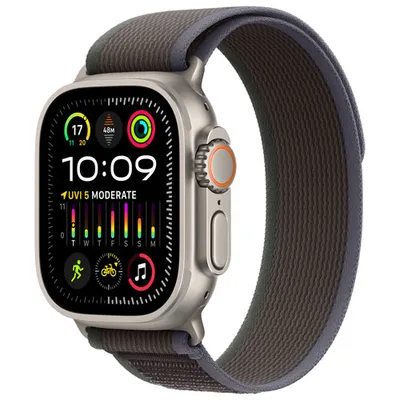 Apple Watch Ultra 2 (GPS + Cellular) avec boîtier de 49 mm en titane et bracelet Sentier bleu/noir