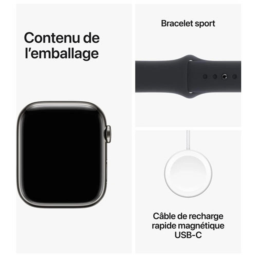 Apple Watch Series 9 (GPS + Cellular) 45mm Graphite Stainless Steel Case with Midnight Sport Band - Small/Medium 140-190mm