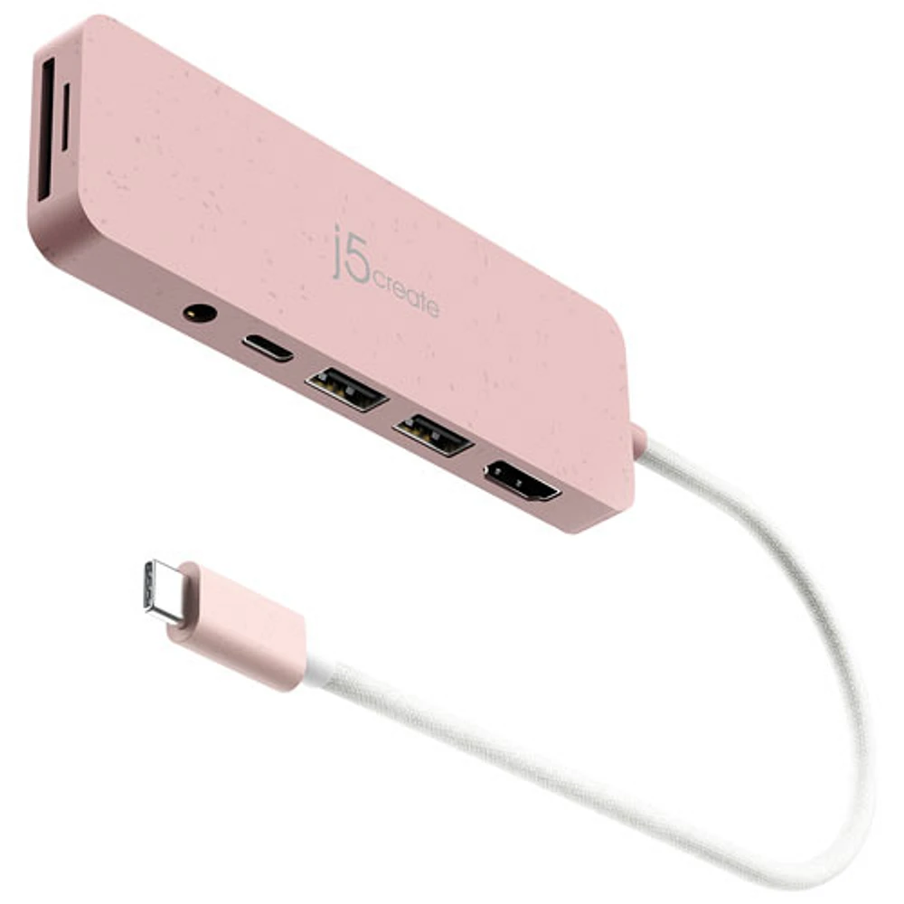 Concentrateur USB-C écologique à plusieurs ports de j5create avec Power Delivery (JCD373ER) - Rose