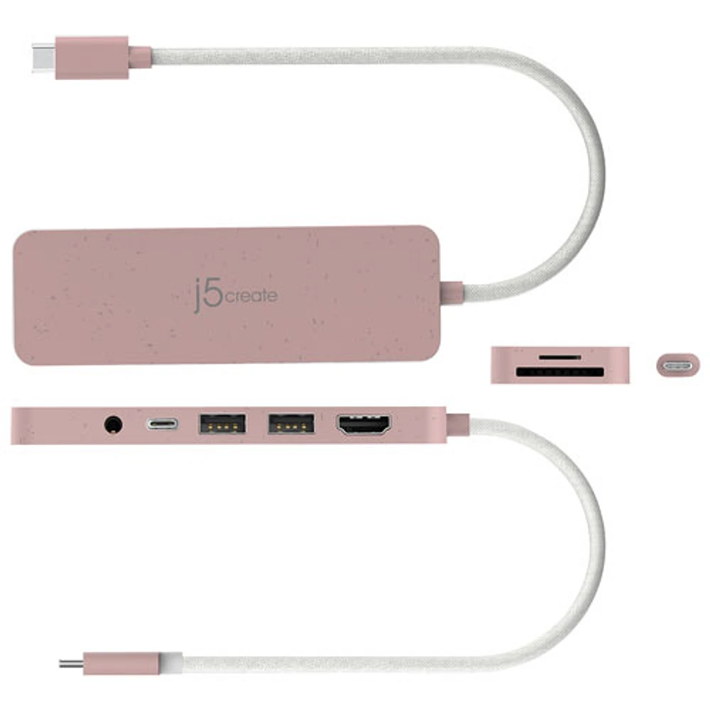 Concentrateur USB-C écologique à plusieurs ports de j5create avec Power Delivery (JCD373ER) - Rose