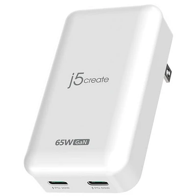 Chargeur mural mince à 2 ports USB-C de 65 W avec Power Delivery de j5create (JUP2465) - Blanc