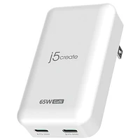 j5create Slim 65W 2-Port USB-C Wall Charger with Power Delivery (JUP2465) - White