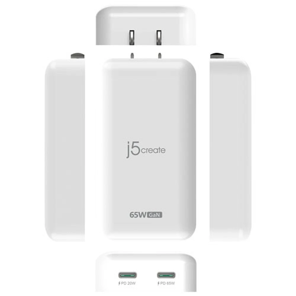 j5create Slim 65W 2-Port USB-C Wall Charger with Power Delivery (JUP2465) - White