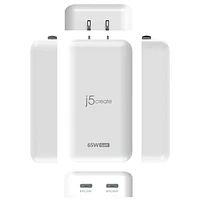 j5create Slim 65W 2-Port USB-C Wall Charger with Power Delivery (JUP2465) - White