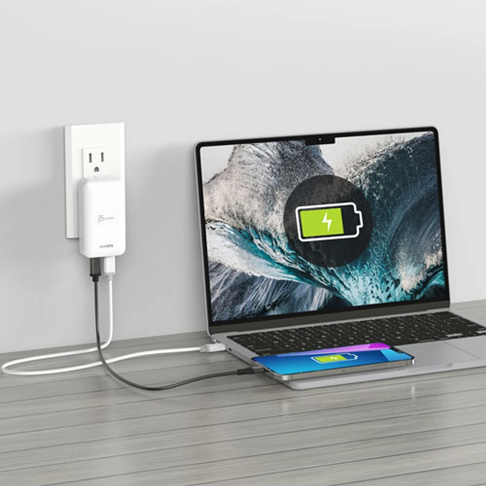 j5create Slim 65W 2-Port USB-C Wall Charger with Power Delivery (JUP2465) - White