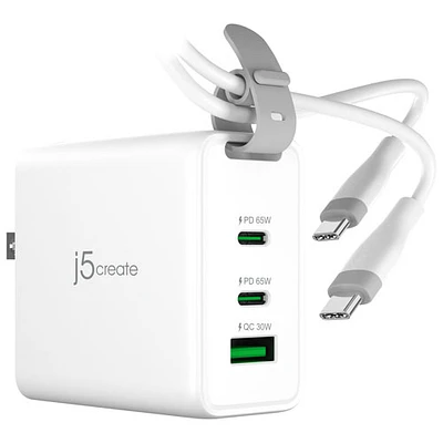 Chargeur mural à 3 ports USB-A/USB-C de 45 W Traveler de j5create (JUP3565C) - Blanc