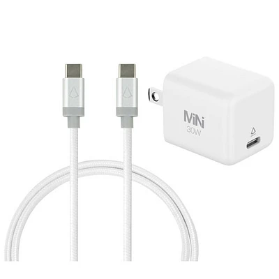 Chargeur mural USB-C GaN de 30 W avec câble tissé USB-C de 1,5 m (5 pi) de LBT - Blanc