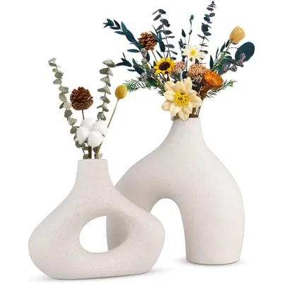 White Ceramic Flower Vases Set of 2, Minimalist Home Decor for Living Room, Dining Table, Bookshelf, Office, and Bedroom