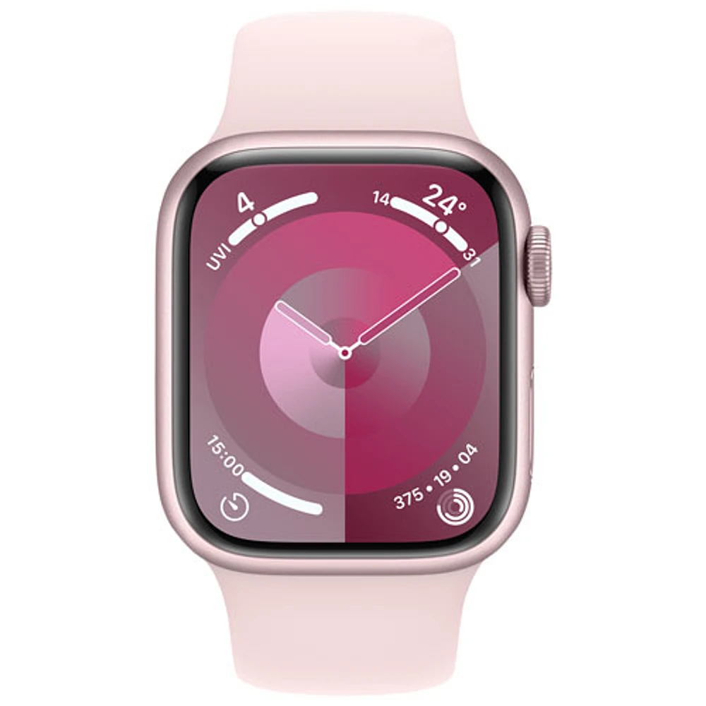 Apple Watch Series 9 (GPS + Cellular) avec boîtier de mm en aluminium rose et bracelet sport rose dragée par Rogers - Moyen/Grand