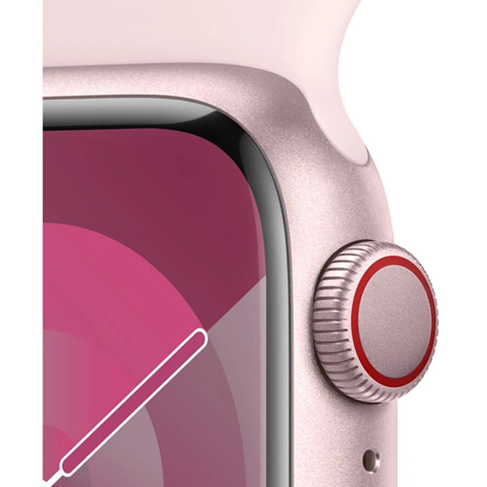 Apple Watch Series 9 (GPS + Cellular) avec boîtier de mm en aluminium rose et bracelet sport rose dragée par Rogers - Moyen/Grand