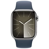 Apple Watch Series 9 (GPS + Cellular) avec boîtier de mm en acier inoxydable argenté et bracelet sport bleu tempête par TELUS - Moyen/Grand