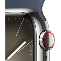 Apple Watch Series 9 (GPS + Cellular) avec boîtier de mm en acier inoxydable argenté et bracelet sport bleu tempête par TELUS - Moyen/Grand