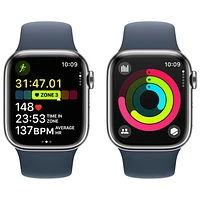 Apple Watch Series 9 (GPS + Cellular) avec boîtier de mm en acier inoxydable argenté et bracelet sport bleu tempête par TELUS - Moyen/Grand