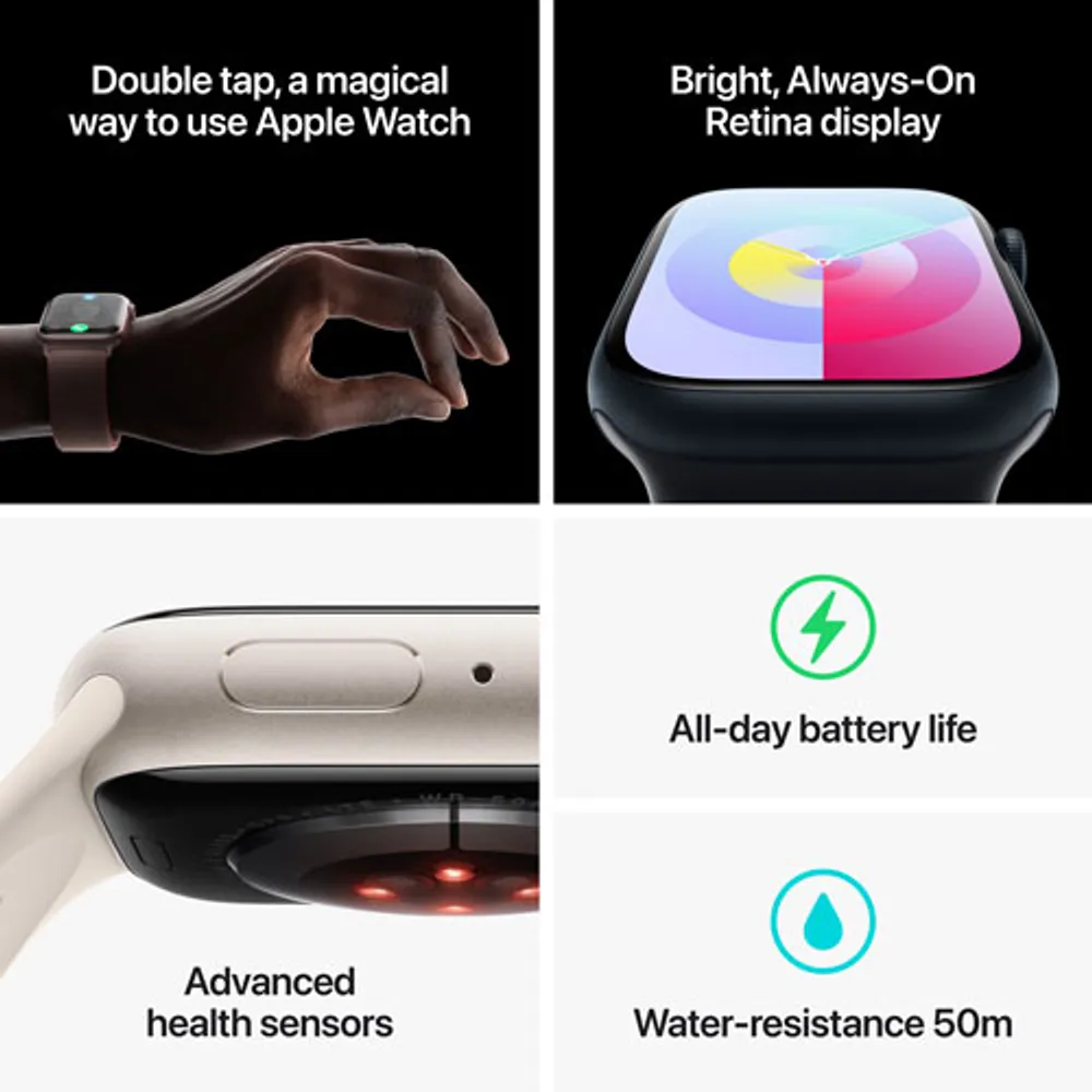 Apple Watch Series 9 (GPS + Cellular) avec boîtier de mm en acier inoxydable argenté et bracelet sport bleu tempête par TELUS - Moyen/Grand