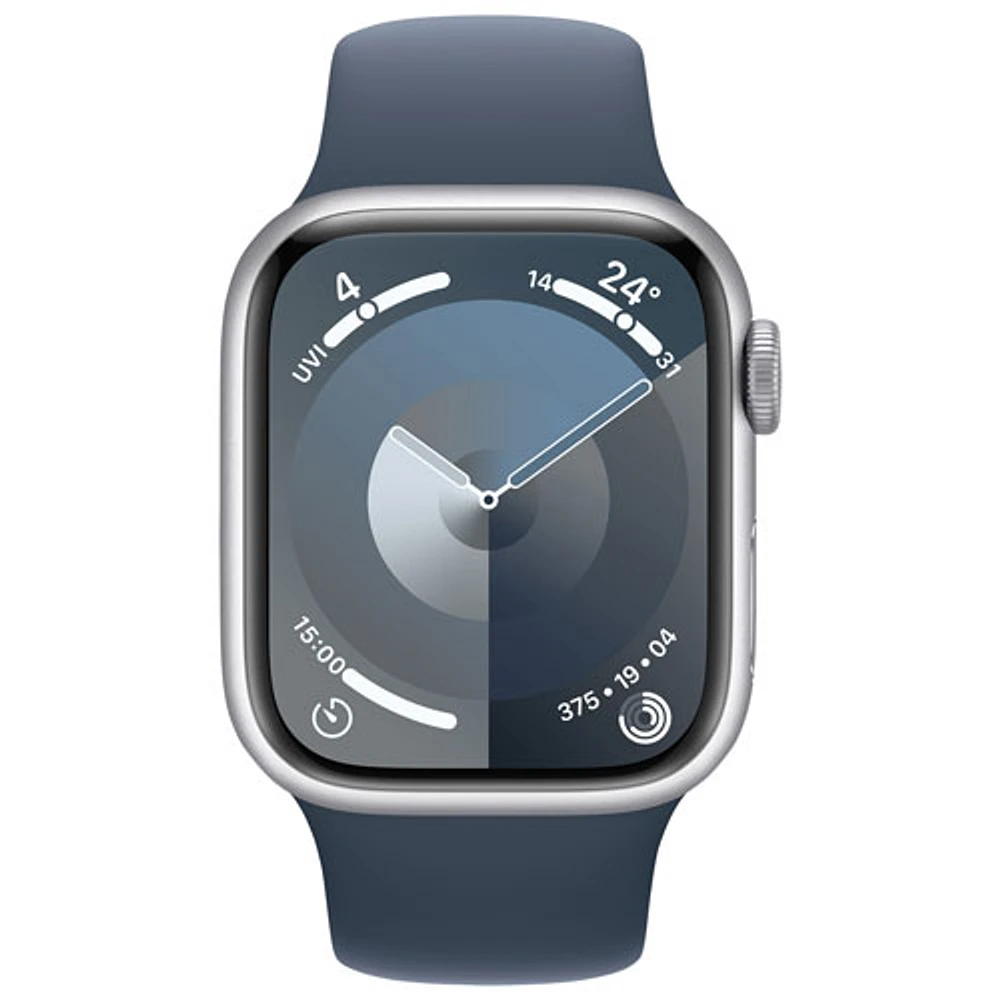 Apple Watch Series 9 (GPS + Cellular) avec boîtier de 41 mm en aluminium argenté et bracelet sport bleu tempête par Bell - Petit/Moyen - Financement mensuel