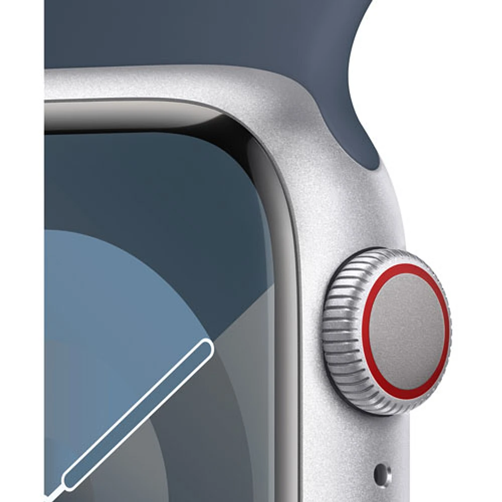 Apple Watch Series 9 (GPS + Cellular) avec boîtier de 41 mm en aluminium argenté et bracelet sport bleu tempête par Bell - Petit/Moyen - Financement mensuel