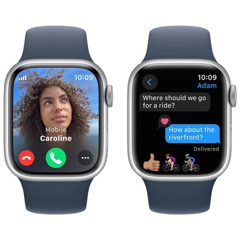 Apple Watch Series 9 (GPS + Cellular) avec boîtier de 41 mm en aluminium argenté et bracelet sport bleu tempête par Bell - Petit/Moyen - Financement mensuel