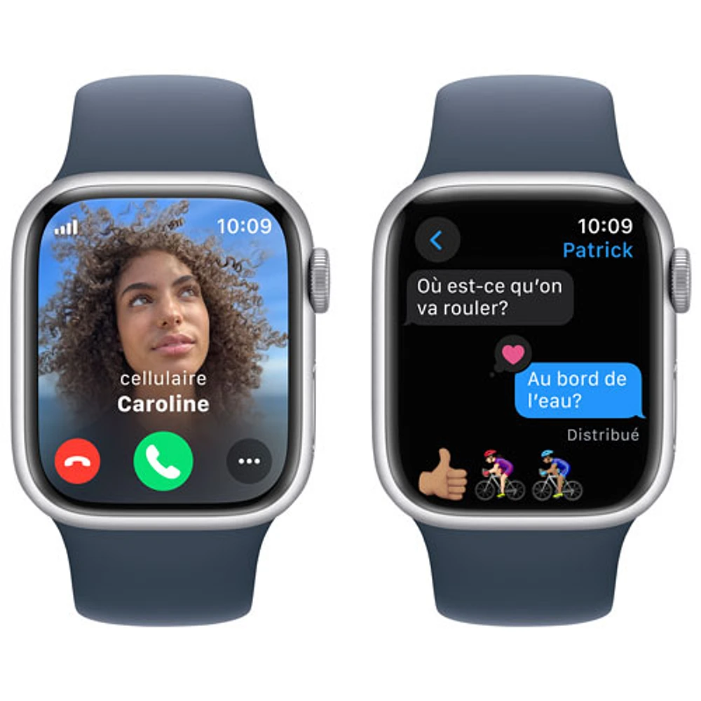 Apple Watch Series 9 (GPS + Cellular) avec boîtier de 41 mm en aluminium argenté et bracelet sport bleu tempête par Bell - Petit/Moyen - Financement mensuel