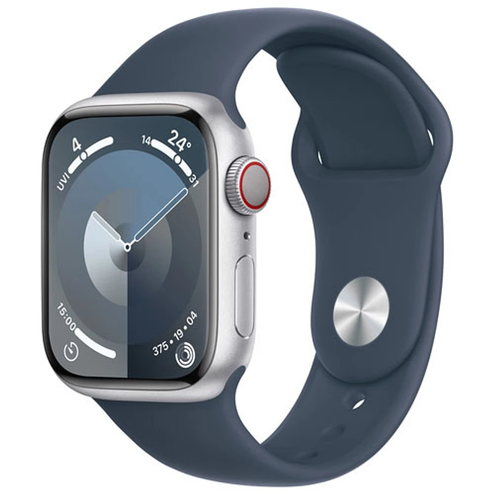 Apple Watch Series 9 (GPS + Cellular) avec boîtier de mm en aluminium argenté et bracelet sport bleu tempête par Rogers - Moyen/Grand