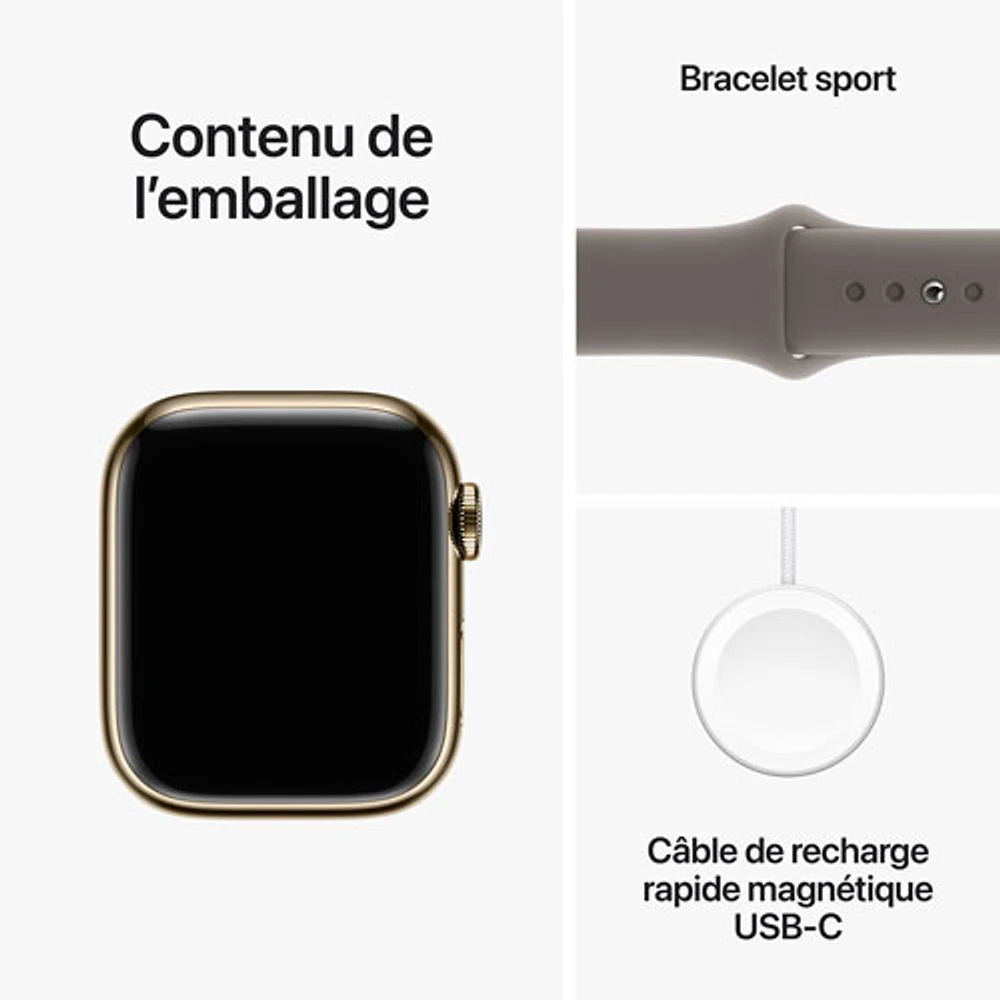 Apple Watch Series 9 (GPS + Cellular) avec boîtier de mm en acier inoxydable doré et bracelet sport argile par Rogers - Moyen/Grand