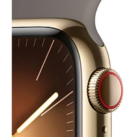 Apple Watch Series 9 (GPS + Cellular) avec boîtier de mm en acier inoxydable doré et bracelet sport argile par Rogers - Moyen/Grand