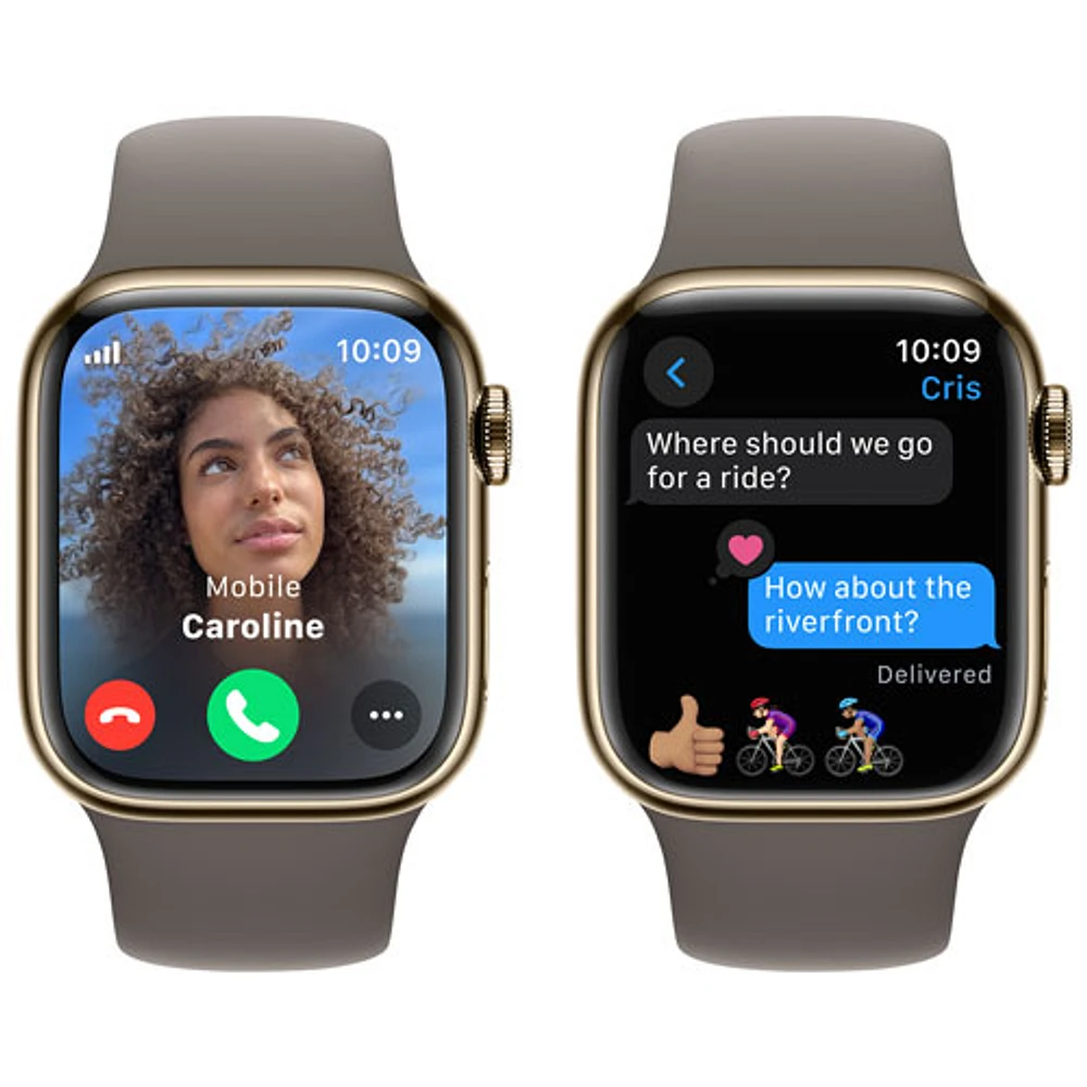 Apple Watch Series 9 (GPS + Cellular) avec boîtier de mm en acier inoxydable doré et bracelet sport argile par Rogers - Moyen/Grand
