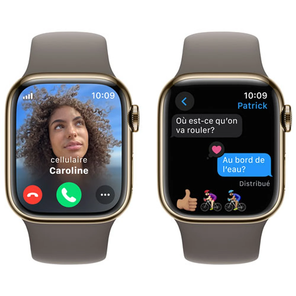 Apple Watch Series 9 (GPS + Cellular) avec boîtier de mm en acier inoxydable doré et bracelet sport argile par Rogers - Moyen/Grand