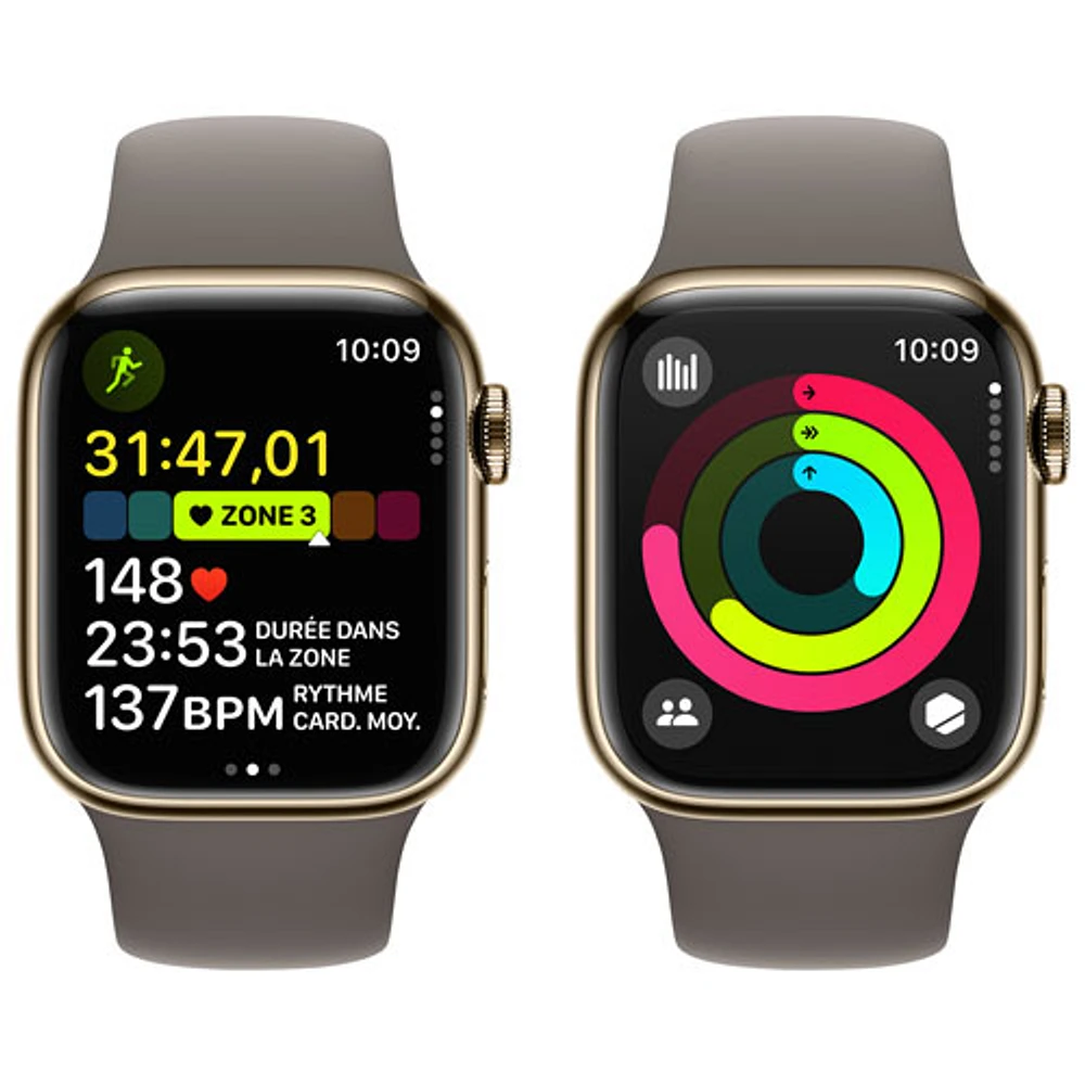 Apple Watch Series 9 (GPS + Cellular) avec boîtier de mm en acier inoxydable doré et bracelet sport argile par Rogers - Moyen/Grand
