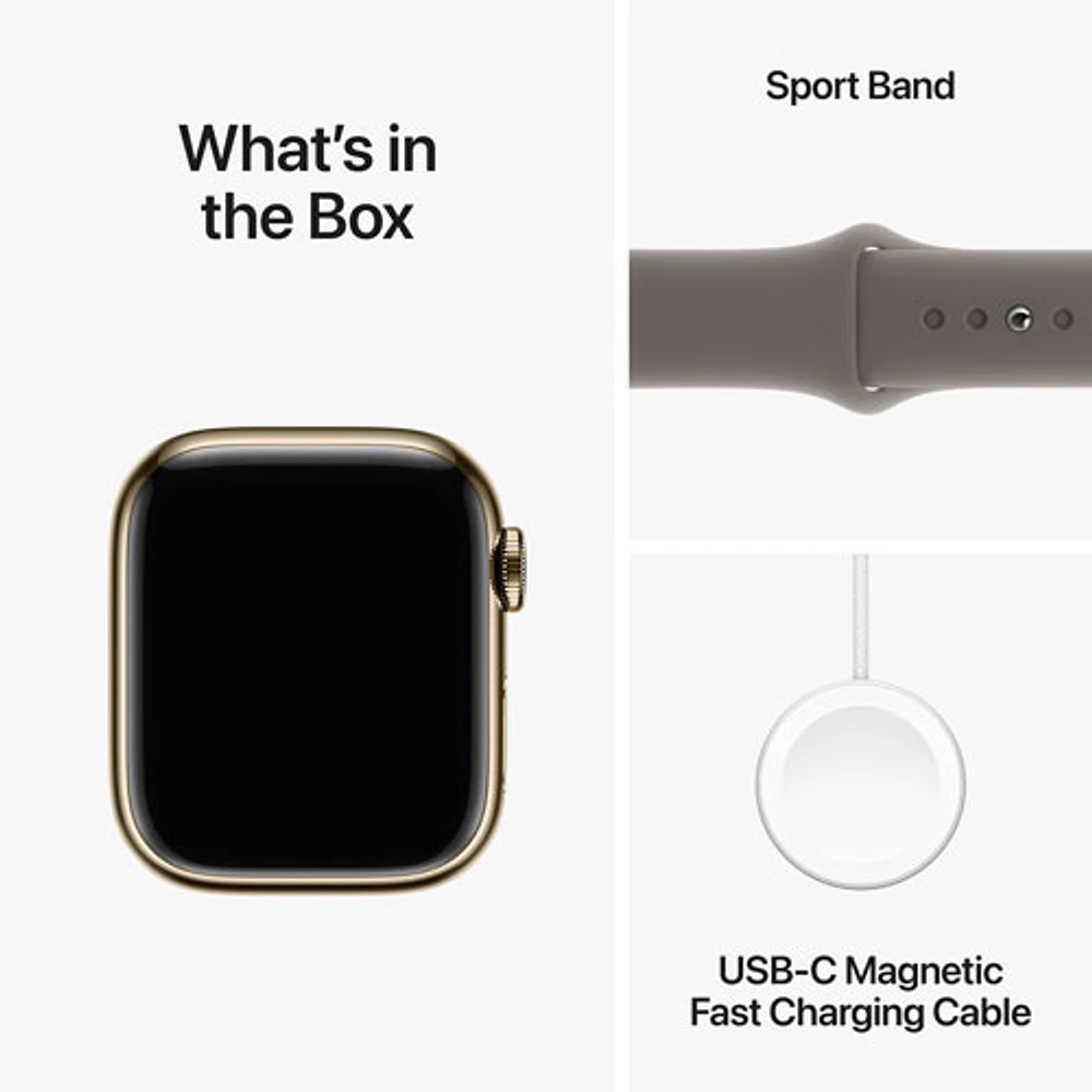 Apple Watch Series 9 (GPS + Cellular) avec boîtier de mm en acier inoxydable doré et bracelet sport argile par Rogers - Moyen/Grand