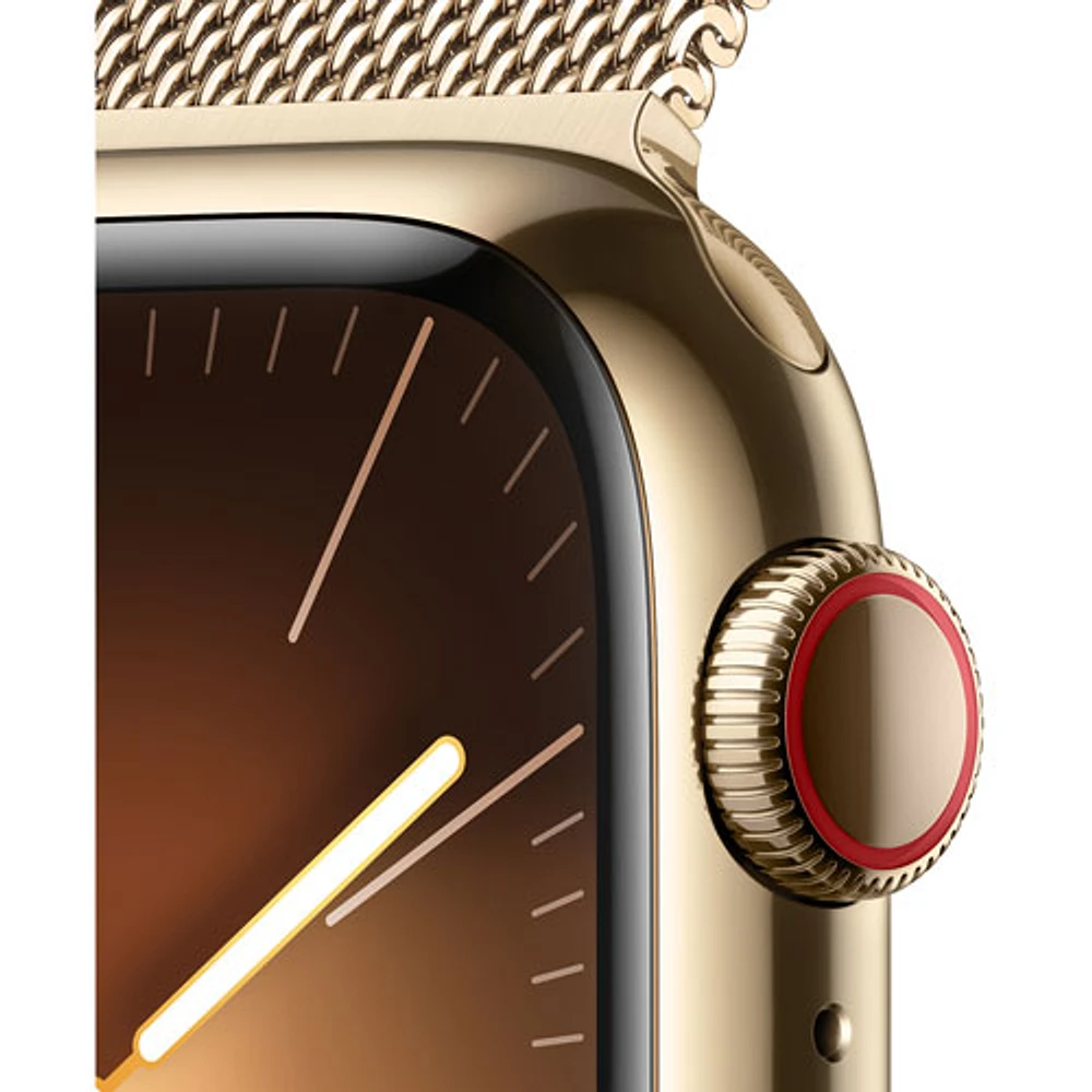 Apple Watch Series 9 (GPS + Cellular) avec boîtier de 41 mm en acier inoxydable doré et bracelet milanais en acier inoxydable doré par TELUS - Petit - Financement mensuel