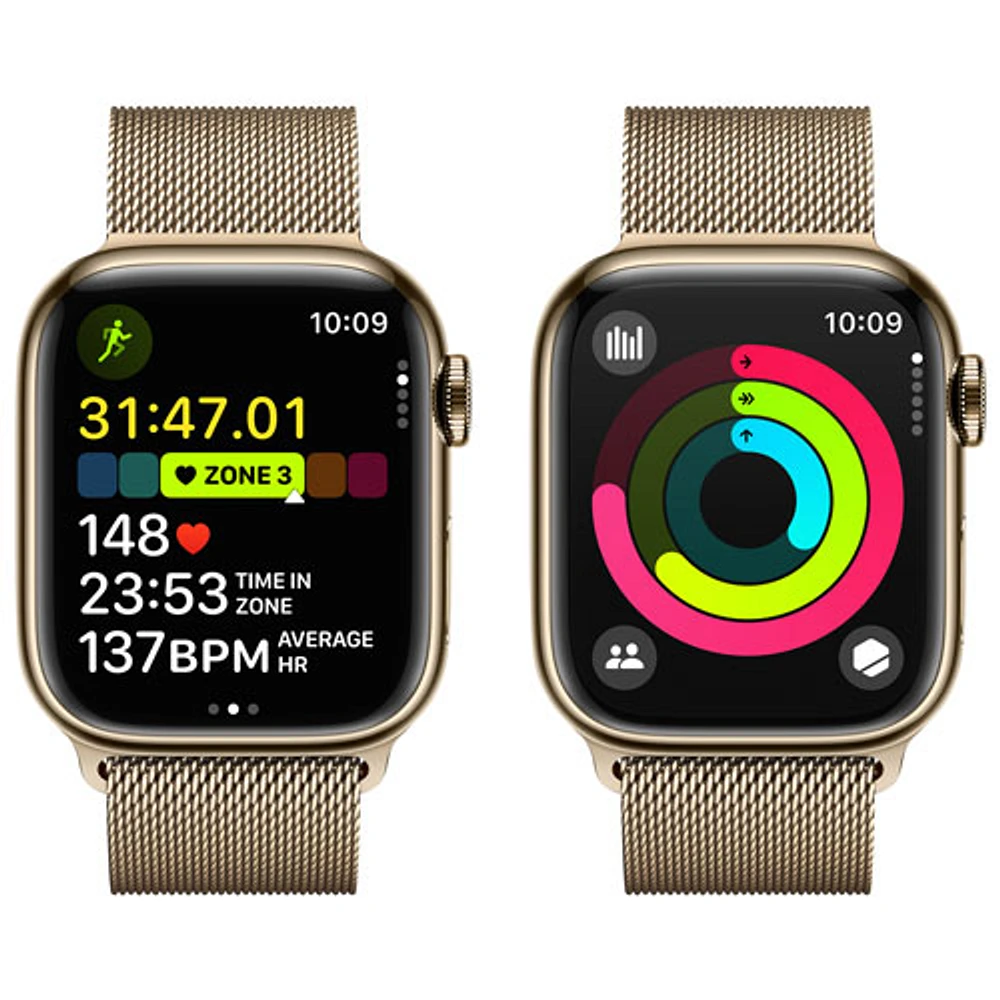 Apple Watch Series 9 (GPS + Cellular) avec boîtier de 41 mm en acier inoxydable doré et bracelet milanais en acier inoxydable doré par TELUS - Petit - Financement mensuel