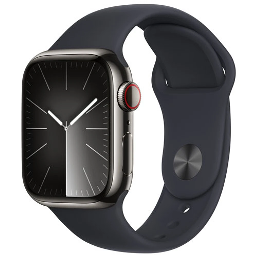 Apple Watch Series 9 (GPS + Cellular) avec boîtier de 41 mm en acier inoxydable graphite et bracelet sport minuit par TELUS - Moyen/Grand - Financement mensuel