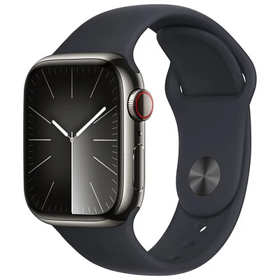 Apple Watch Series 9 (GPS + Cellular) avec boîtier de 41 mm en acier inoxydable graphite et bracelet sport minuit par TELUS - Moyen/Grand - Financement mensuel