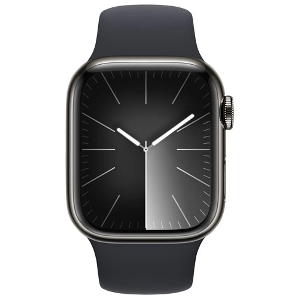 Apple Watch Series 9 (GPS + Cellular) avec boîtier de 41 mm en acier inoxydable graphite et bracelet sport minuit par TELUS - Moyen/Grand - Financement mensuel